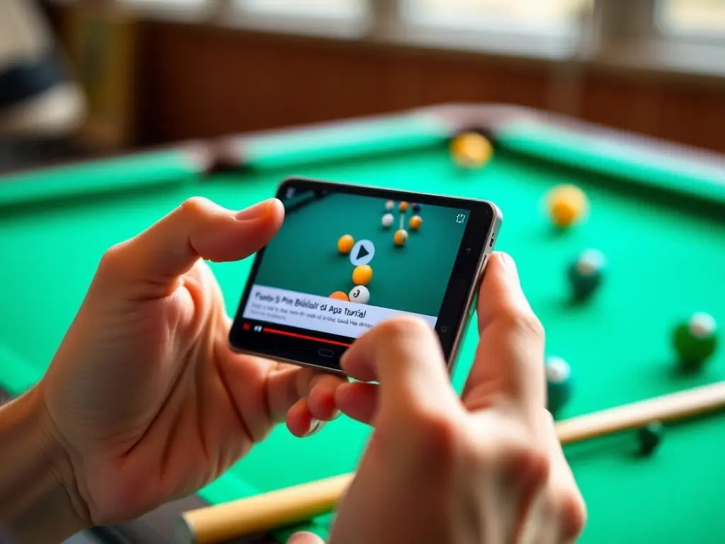 A detailed image of a hand holding a smartphone displaying a 5-pin billiards tutorial video, with billiard balls and cues blurred in the background, symbolizing accessible learning resources.
