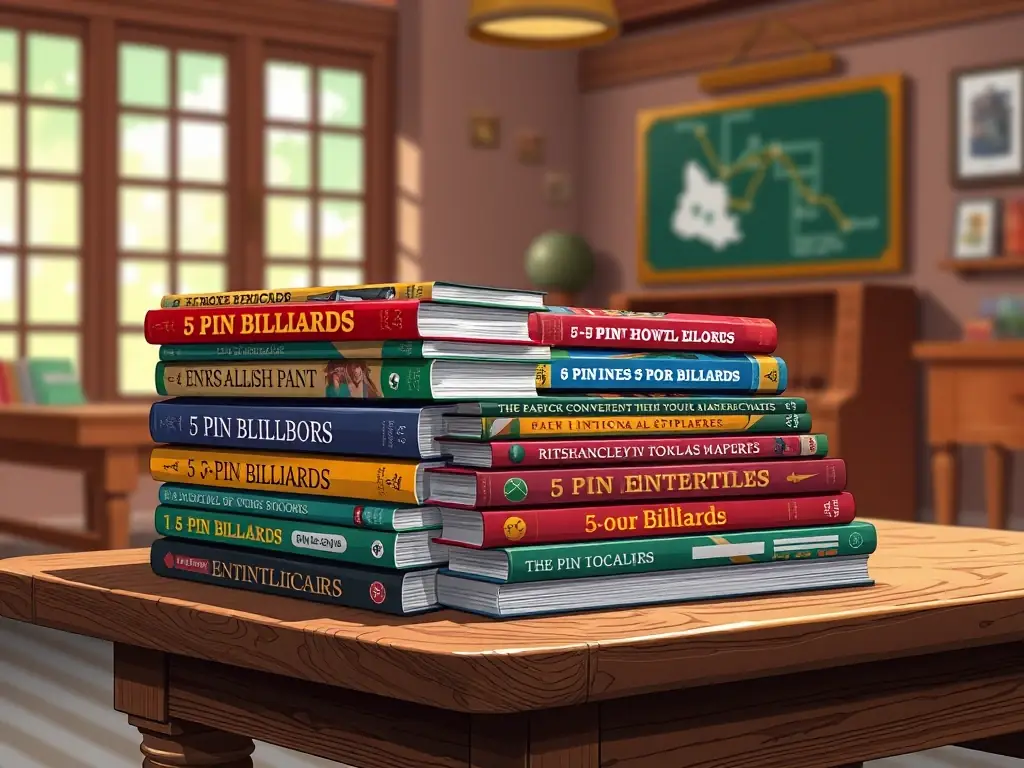 A visually appealing image of a stack of 5-pin billiards-related books and magazines, arranged neatly on a wooden table, suggesting a wealth of reading material and knowledge.