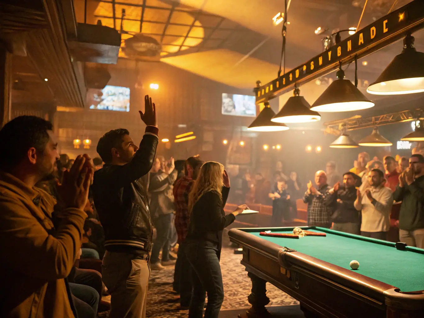 A dynamic image showcasing a group of 5-pin billiards players enthusiastically watching a professional match on a large screen, capturing the excitement and community spirit.